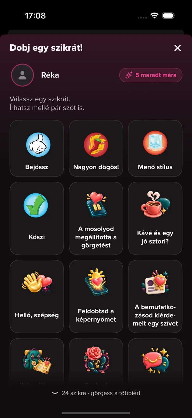 Nagy készülékmockup az iOS szikraválasztójával: képes bókok és beszélgetésindítók egy bemutatóprofilnak.