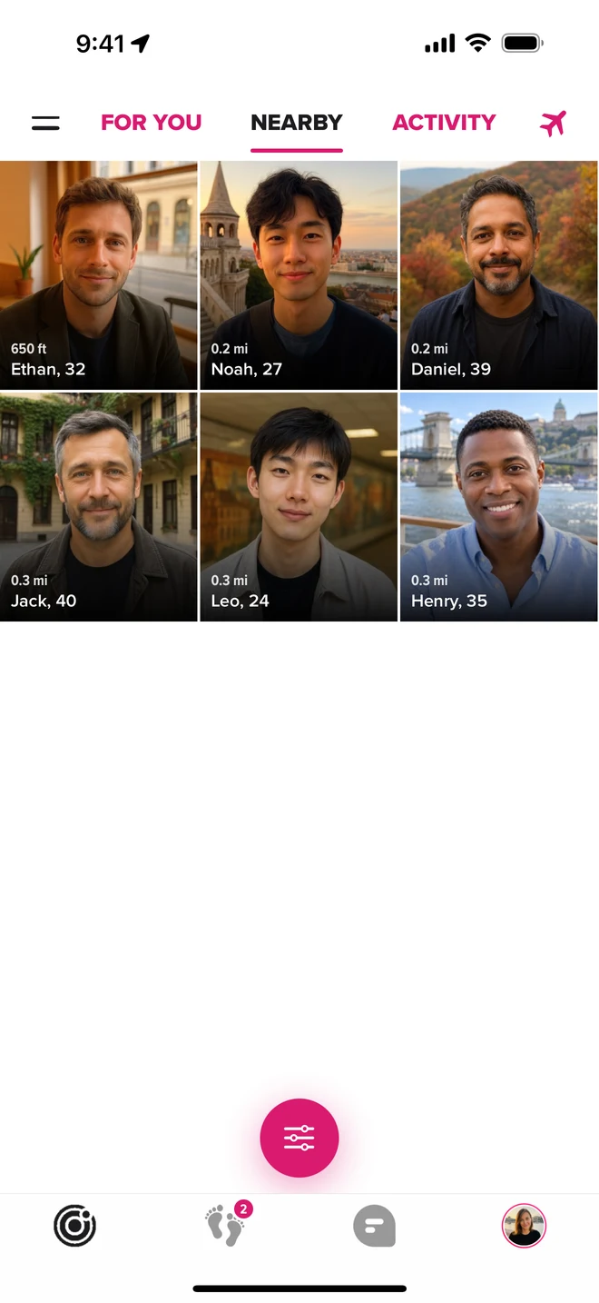 The Freelove iOS Nearby view showing six demo profiles in the demo account.