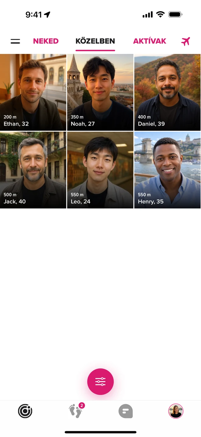 A Freelove iOS Közeli nézete a bemutatófiók hat bemutatóprofiljával.